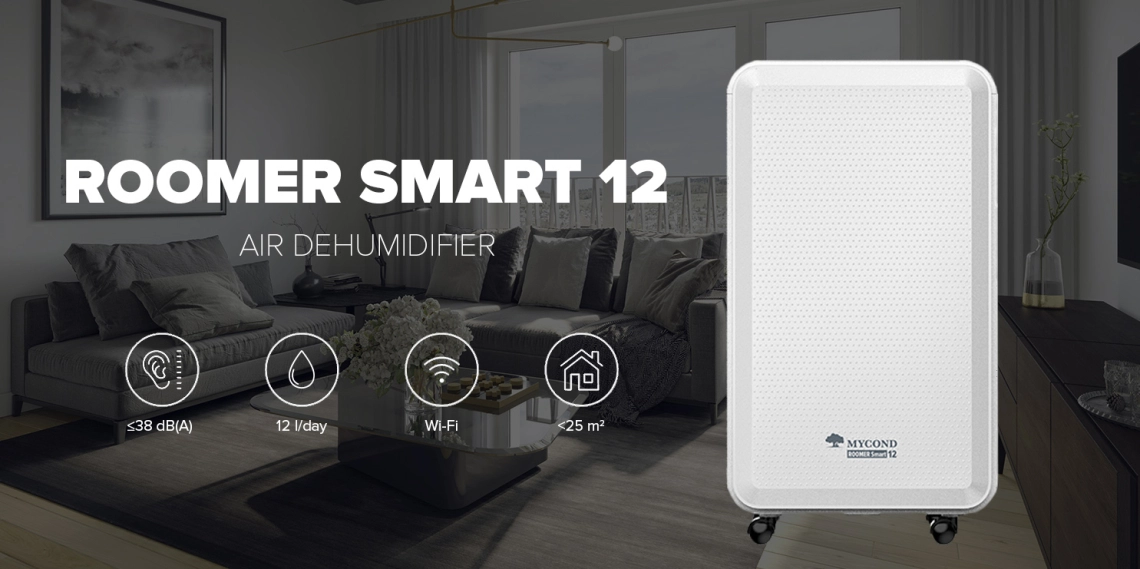 A MyCond compact Roomer Smart 12 dehumidifier designed for residential indoor use.